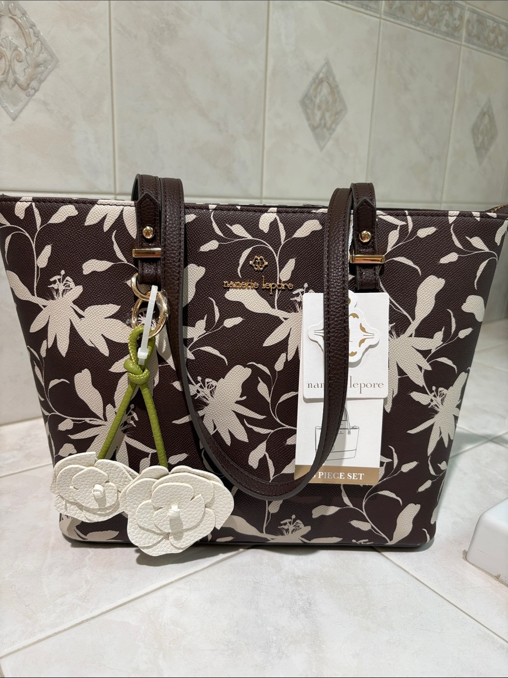 Nanette Lepore 3-Piece Set Brown Tote with Cream Floral Motif & Ivory Bag Charm